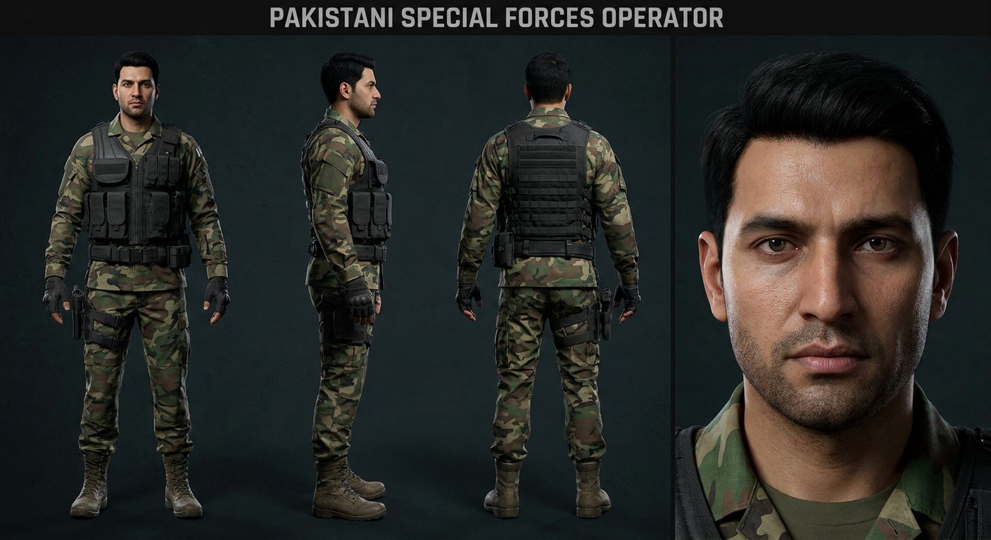 Transform the uploaded person into a professional Pakistani Special Forces / military operator character sheet while preserving the exact facial identity, skin tone, facial features, eye shape, nose shape, jawline, hairstyle, and realistic proportions from the reference photos.

Create a professional military turnaround sheet with four panels:

1. Full body front view
2. Full body side profile
3. Full body back view
4. Detailed cinematic close-up portrait facing directly toward the camera

Appearance:

* Clean-shaven or very light stubble
* Short black military haircut
* Serious, confident, professional expression
* Strong masculine posture
* Athletic military build
* Pakistani male appearance

Uniform:

* Modern Pakistani Army camouflage combat uniform
* Black tactical MOLLE vest
* Utility belt with pouches
* Tactical gloves
* Black combat boots
* Military radio and tactical equipment
* Authentic military styling
* No sunglasses
* No helmet
* No face covering

Close-up portrait:

* Looking straight into camera
* Symmetrical face
* Neutral serious expression
* Highly detailed skin texture
* Realistic eyes
* Sharp focus
* Cinematic portrait lighting

Composition:

* Character turnaround sheet layout
* Front view, side view, back view, and close-up portrait arranged professionally
* Dark cinematic studio background
* AAA video game character design presentation
* Military concept art style
* Call of Duty operator presentation style
* Unreal Engine 5 realism

Quality:

* Hyper realistic
* Photorealistic
* Ultra detailed skin pores
* Realistic fabric textures
* Professional studio lighting
* 85mm portrait lens look
* Sharp focus
* 8K detail
* Cinematic color grading
* High-end military recruitment poster quality

Important:
Maintain exact resemblance to the uploaded person. Do not change facial identity. Use the reference images for accurate face matching across all four views.
